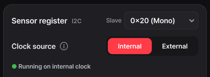 Clock source controls with Internal and External buttons; Internal is currently selected