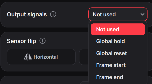 Output signals menu showing Global hold, Global reset, Frame start, and Frame end