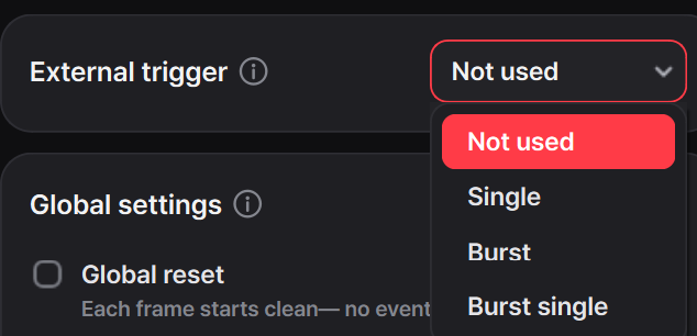 External trigger menu showing Not used, Single, Burst, and Burst single