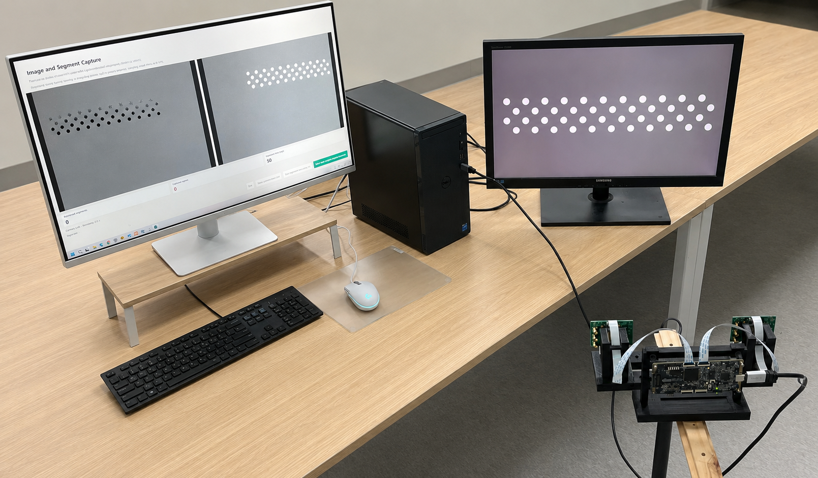 NRV DVS calibration capture environment with a control monitor, blinking pattern monitor, control PC, and fixed stereo camera rig