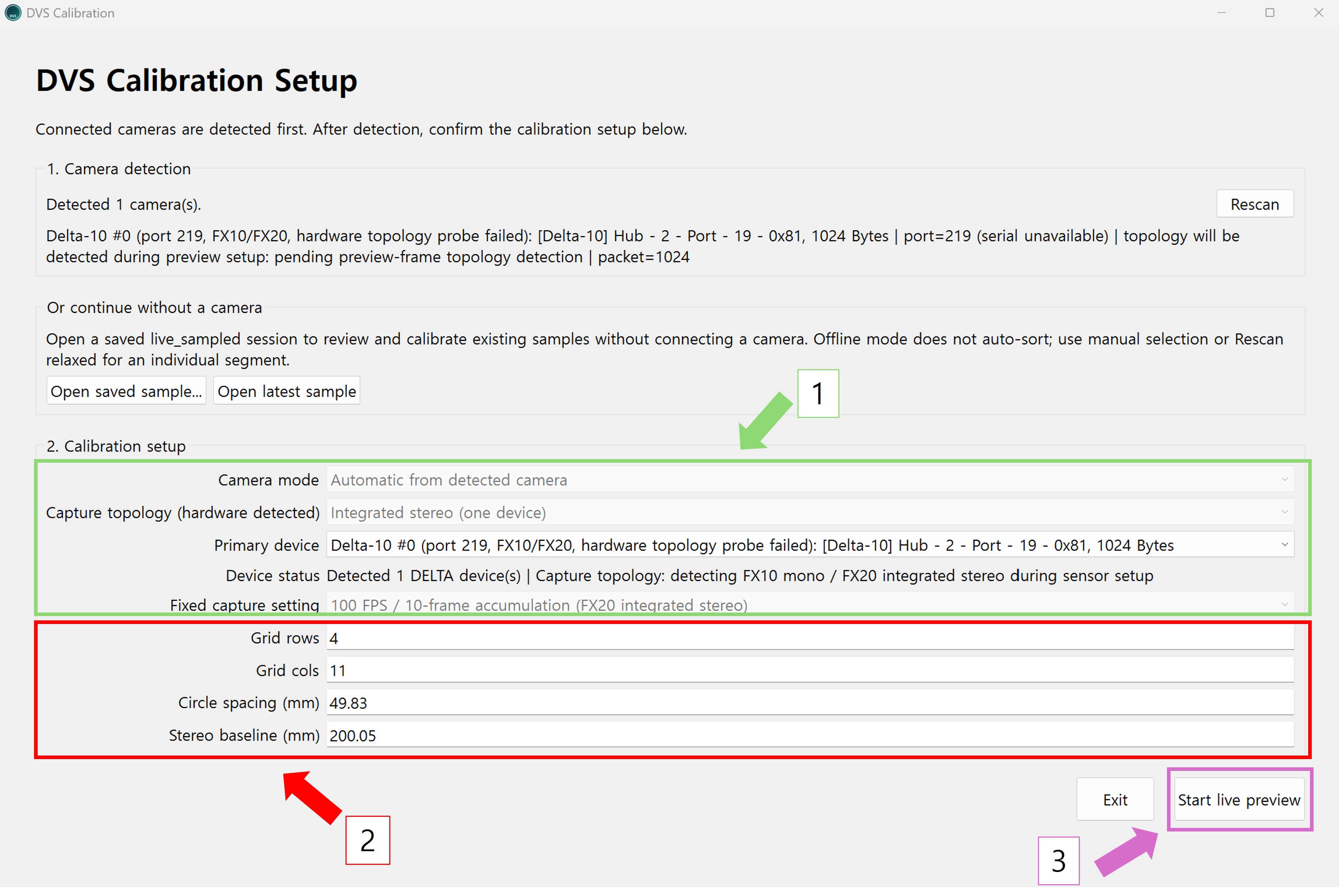 DVS Calibration setup screen annotated with 1, 2, and 3