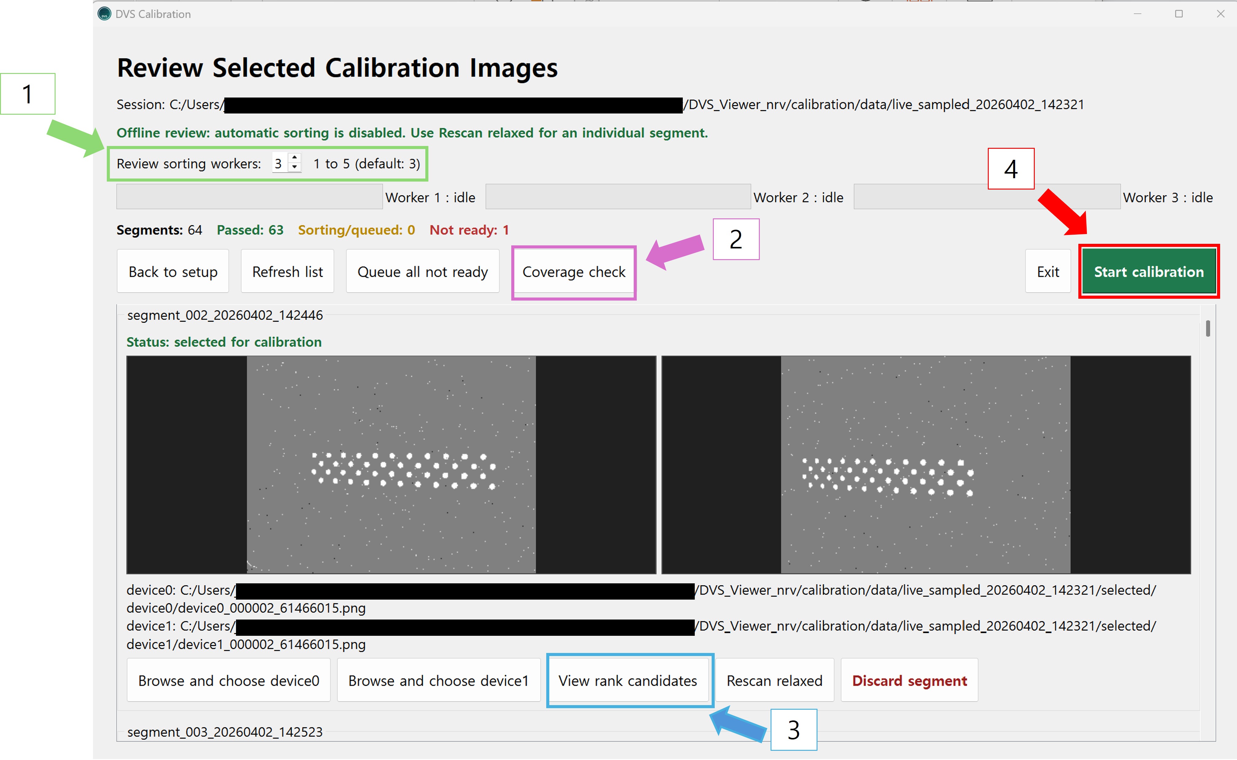 Review screen annotated with workers, coverage, rank candidates, and Start calibration